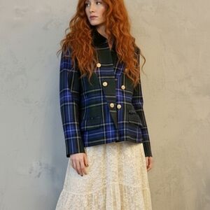 VTG Blue Wool Plaid Women's Blazer 10 Green Velvet Collar